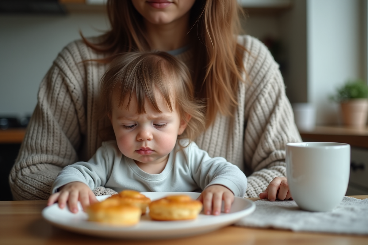 Fille de un an endormie sur l’épaule de sa mère au petit déjeuner