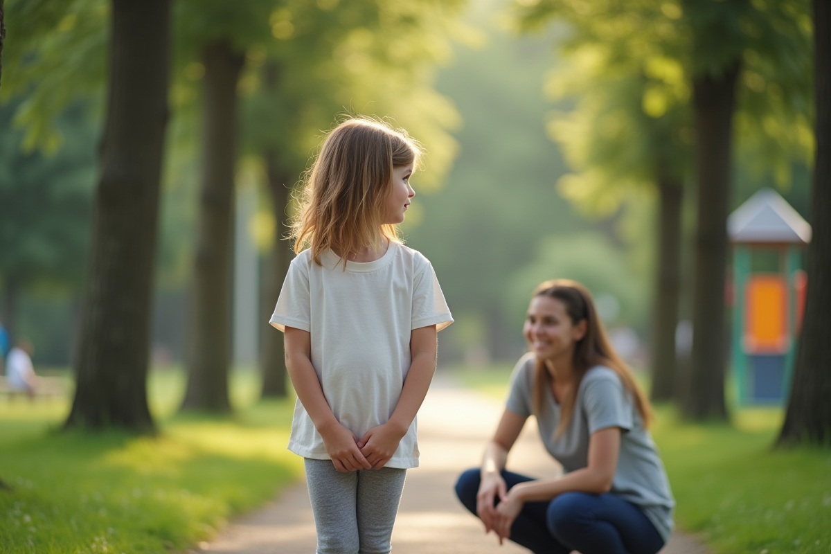 Fille dans un parc avec adulte rassurant à ses côtés