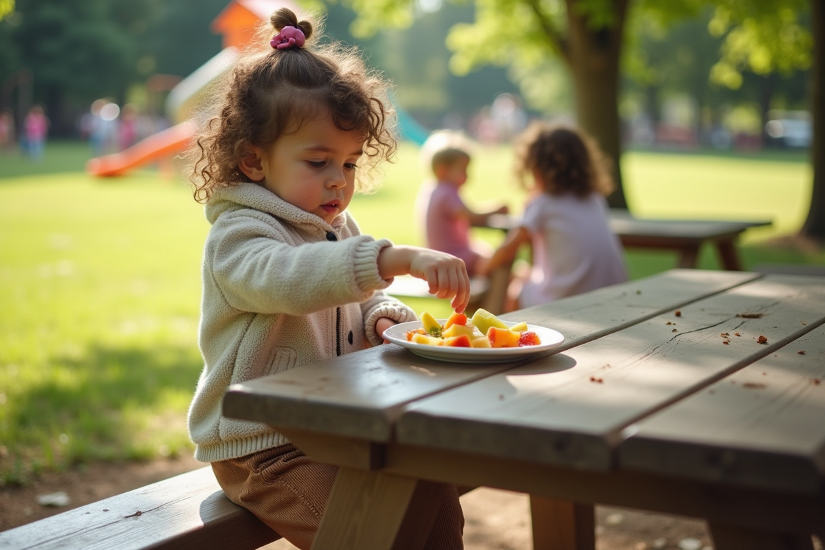 Fille de 4 ans choisit des fruits lors d’un pique-nique en plein air