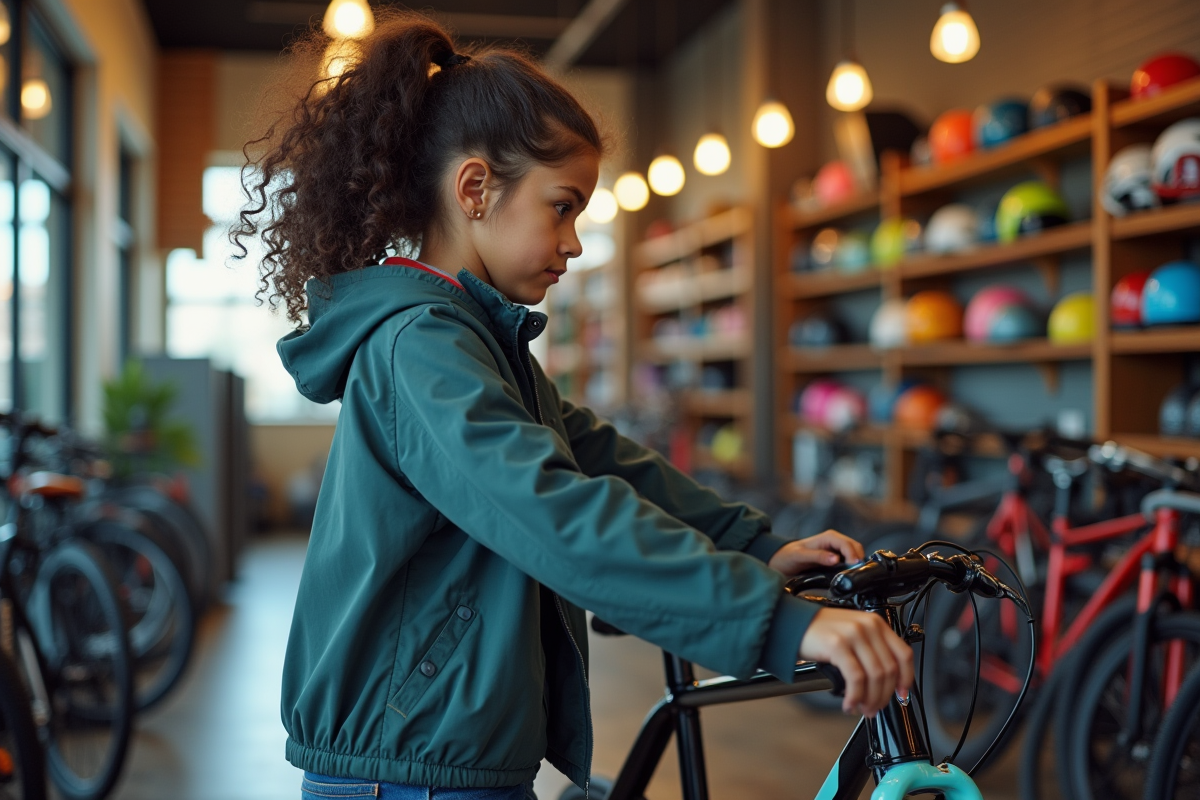 Fille de 15 ans examinant un vélo dans un magasin