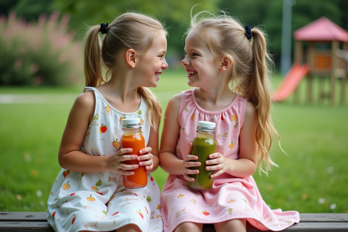 Deux filles partageant un smoothie dans un parc en été
