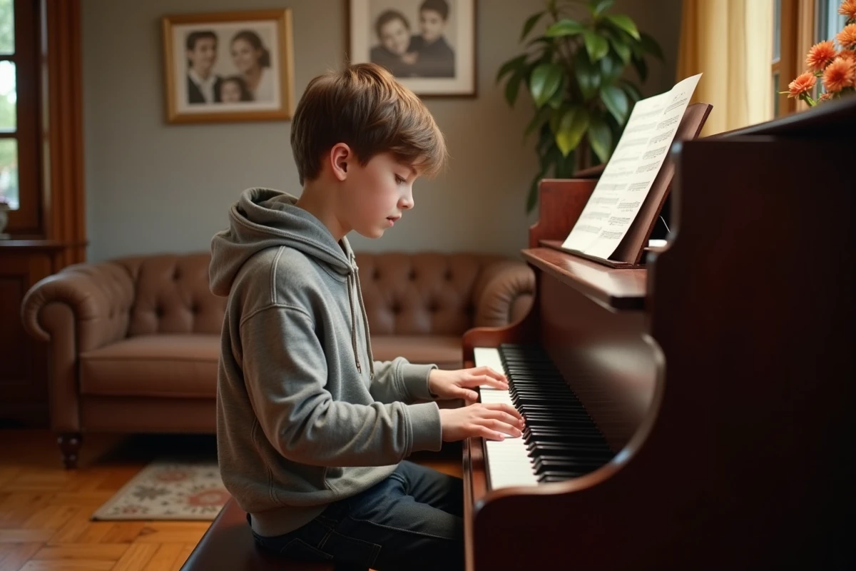 Adolescent jouant du piano dans un salon familial, évoquant la passion musicale héritée de ses parents artistes