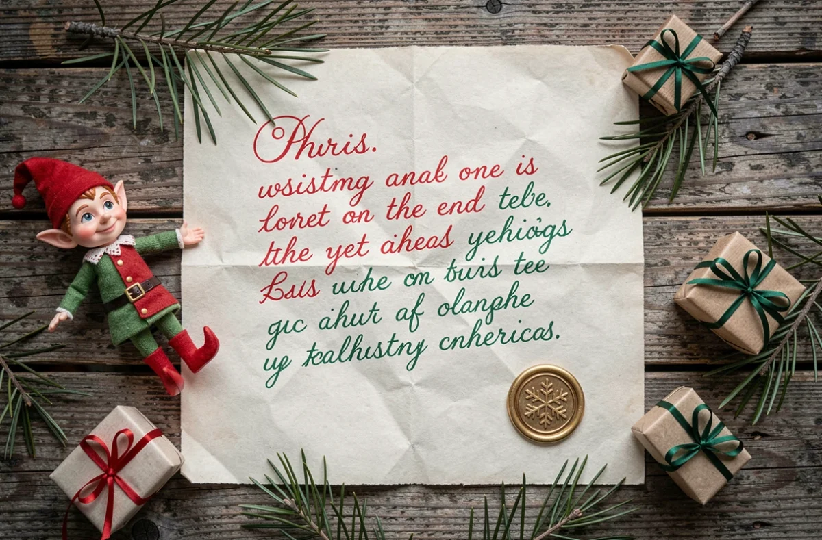 Flatlay de la lettre du lutin farceur écrite à la main sur parchemin avec sceau de cire et décorations de Noël rustiques