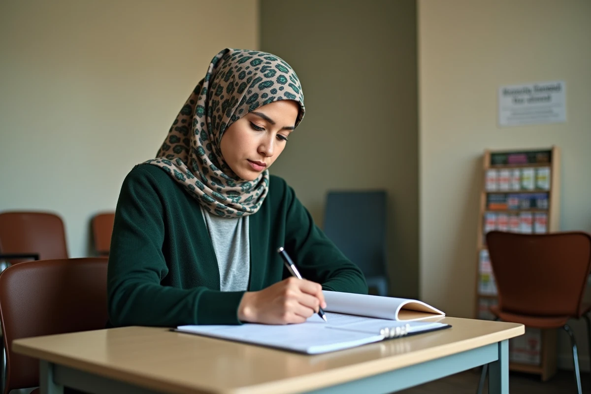 Jeune femme remplissant un formulaire administratif dans une salle d'attente d'un centre d'aide sociale