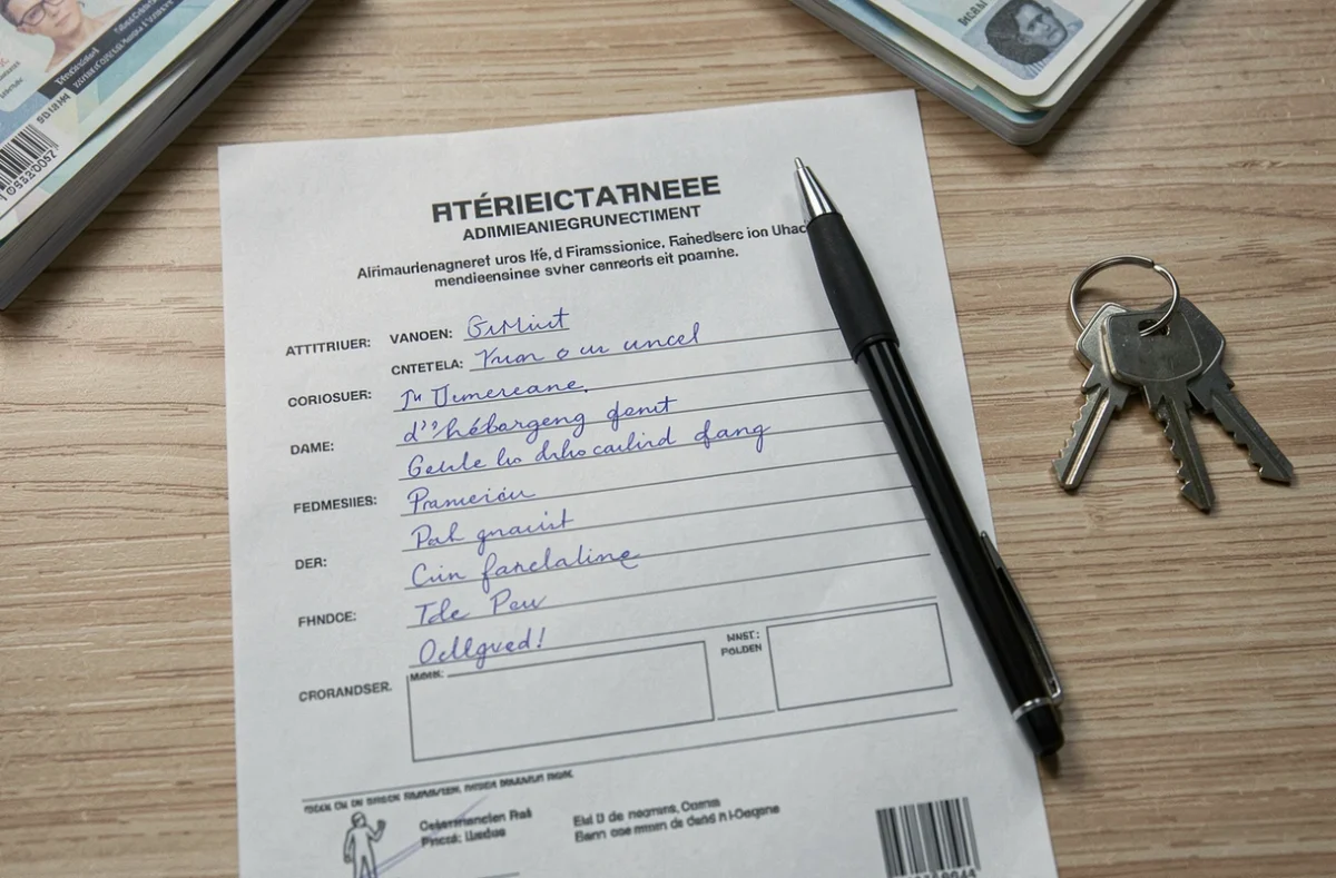 Formulaire d'attestation d'hébergement posé sur un bureau en bois avec stylo et clés de maison