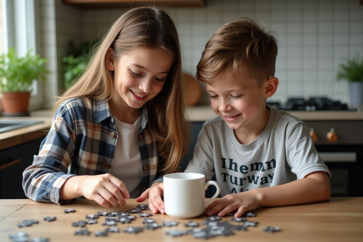 Deux demi-freres et soeurs jouent au puzzle à la cuisine