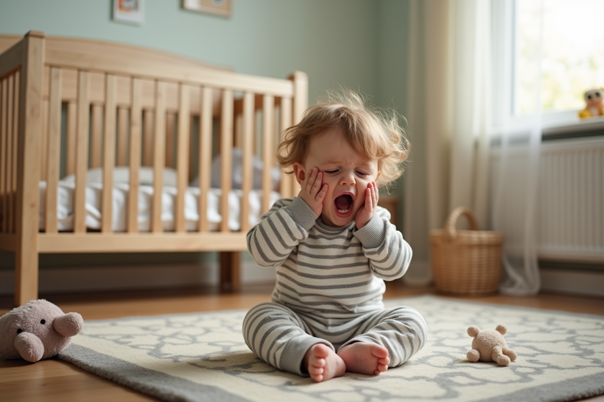 Bébé de un an dans un lit en bois en pyjamas rayés fatigué