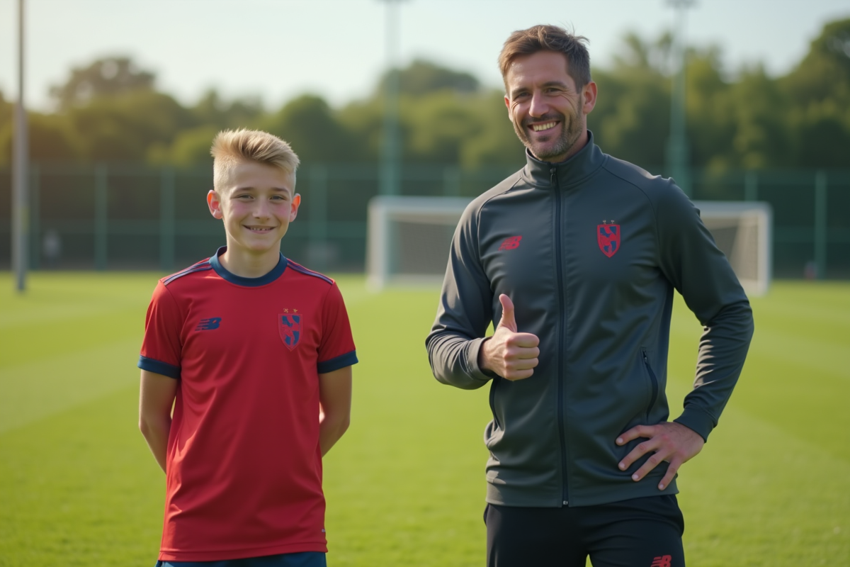 Garçon de football souriant avec son coach sur le terrain