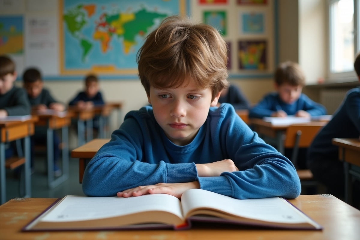 Garçon de huit ans en classe avec expression pensive