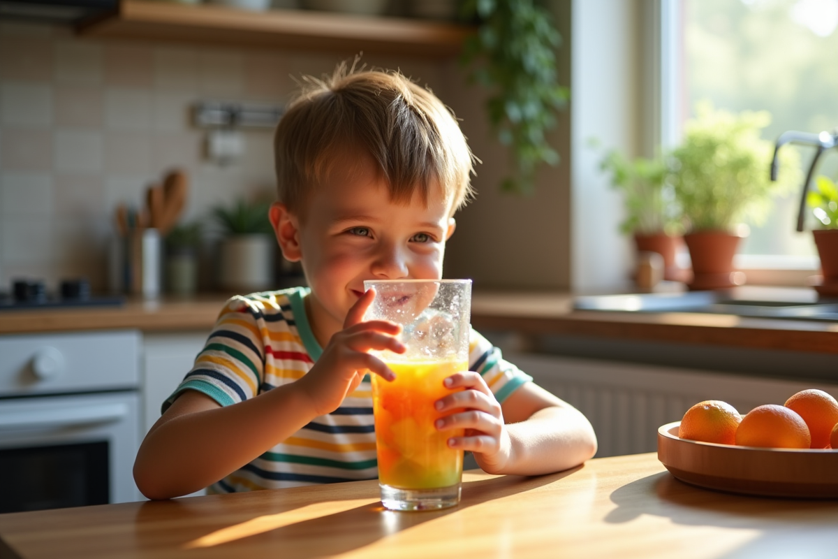 Garçon souriant buvant eau infusee maison dans la cuisine