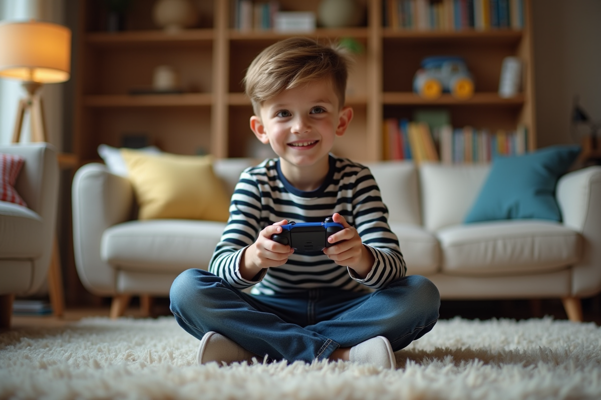 Jeune garçon jouant à un jeu vidéo dans un salon chaleureux