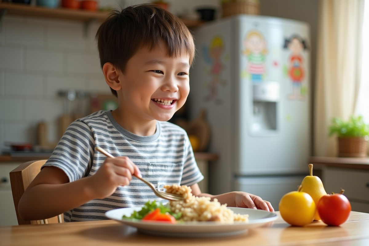 Garçon de 7 ans mange un repas équilibré dans la cuisine