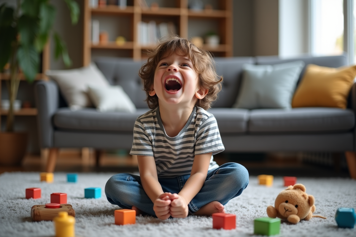 Garçon de 7 ans riant assis sur un tapis avec blocs colorés
