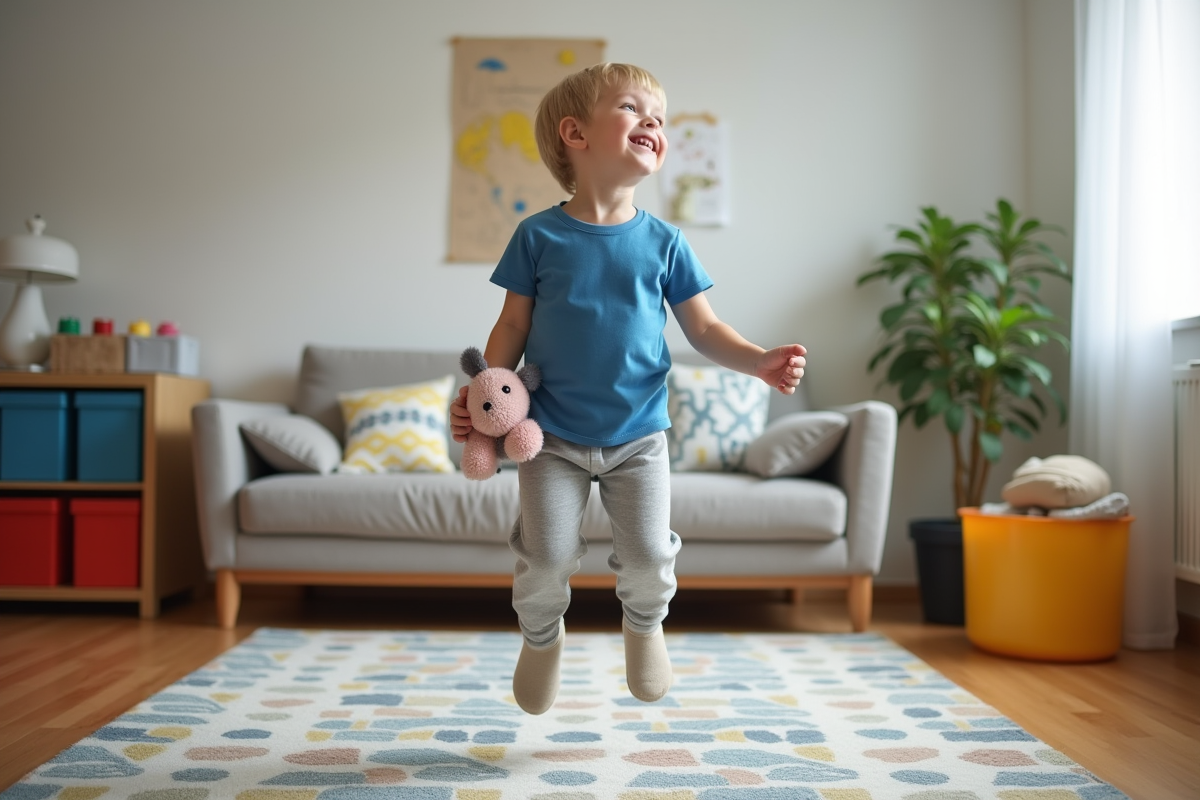 Garçon de 2 ans riant en sautant dans le salon