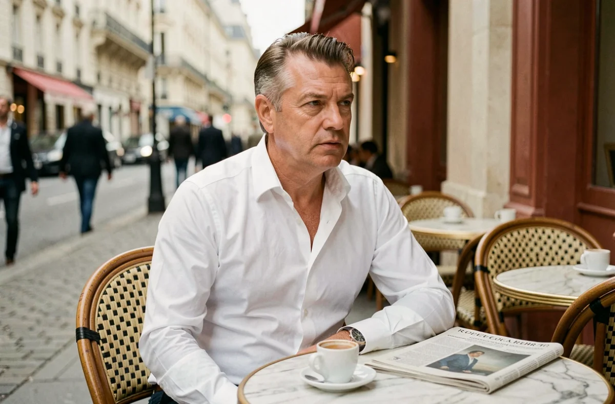 Portrait discret de Gilles Bouleau dans un café parisien, journaliste et présentateur vedette du JT de TF1