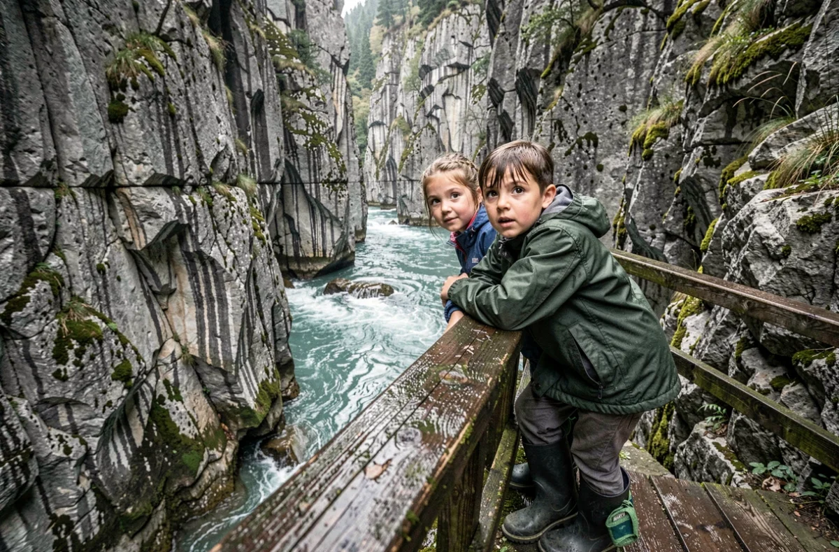 Enfants observant les gorges du Fier depuis la passerelle en bois surplombant le canyon rocheux