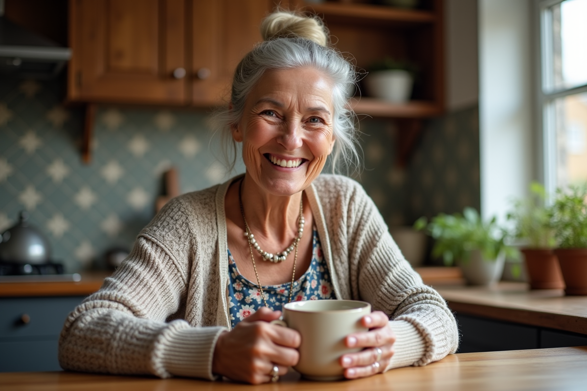 Dame agee souriante tenant une tasse faite main dans une cuisine chaleureuse
