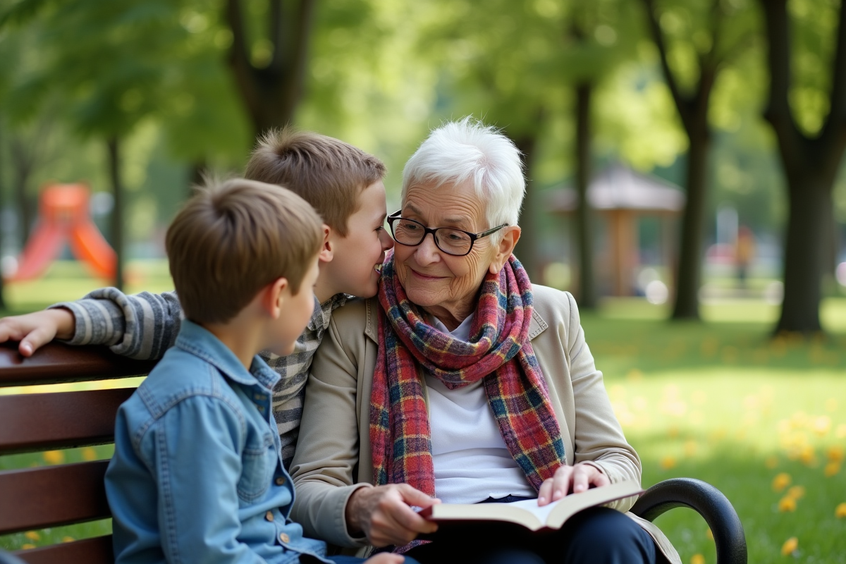 Grand-mere souriante avec petits-enfants dans un parc verdoyant
