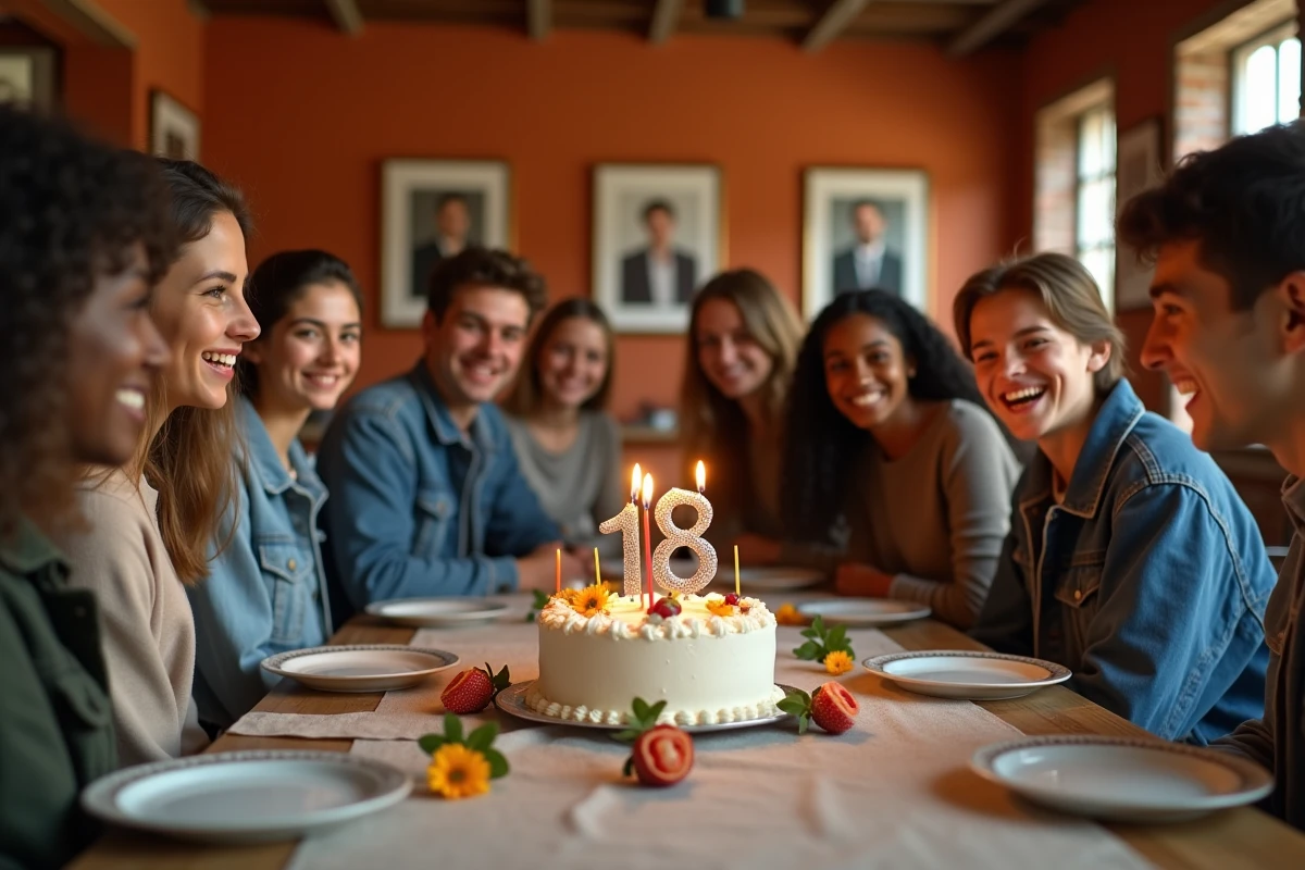 Groupe d'amis fêtant un anniversaire de 18 ans autour d'un gâteau décoré avec des bougies chiffres dans une salle à manger conviviale