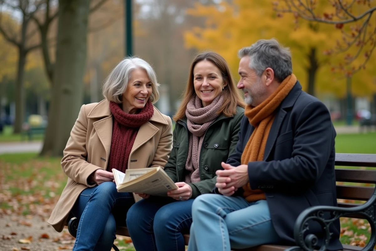Groupe de Français discutant d'un sujet d'actualité dans un jardin public parisien en automne, symbolisant le débat populaire autour d'une révélation médiatique