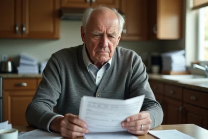 Homme &acirc;g&eacute; inquiet examinant un document &eacute;crit &agrave; la main