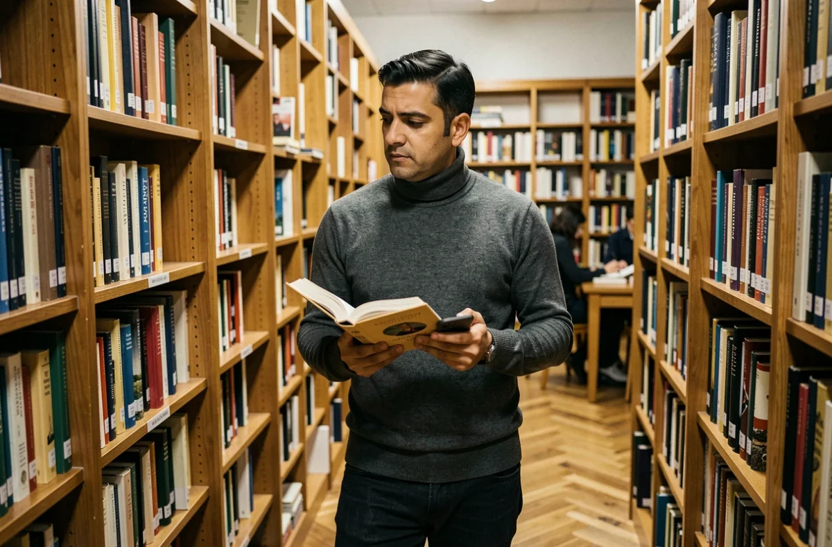Homme dans une bibliothèque comparant une source imprimée à son téléphone, symbole de vérification des faits face aux rumeurs en ligne