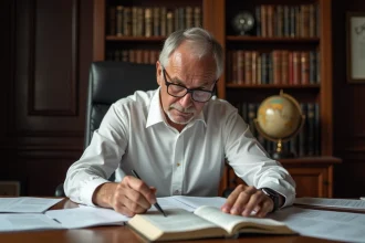 Homme consultant des documents officiels dans un bureau traditionnel français, illustrant une enquête journalistique sur des informations contestées