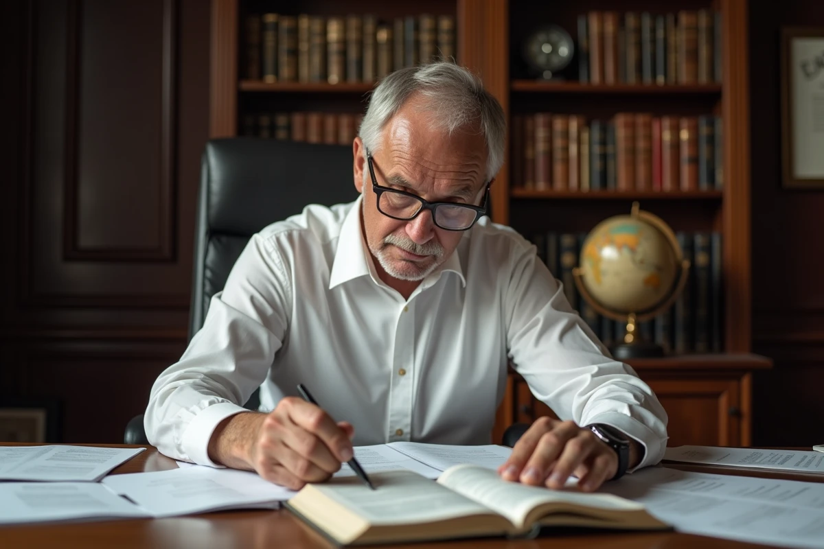 Homme consultant des documents officiels dans un bureau traditionnel français, illustrant une enquête journalistique sur des informations contestées