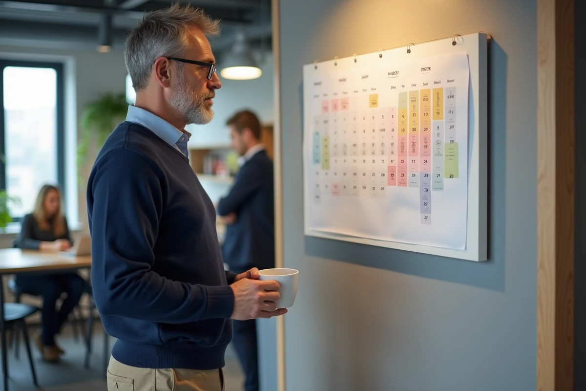 Homme consultant un calendrier semaines paires et impaires 2026 dans une cuisine de bureau moderne