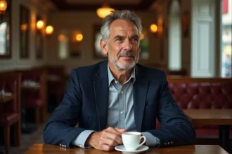 Portrait d'un homme français d'âge mûr assis dans une brasserie parisienne, illustrant la curiosité publique autour d'une personnalité discrète