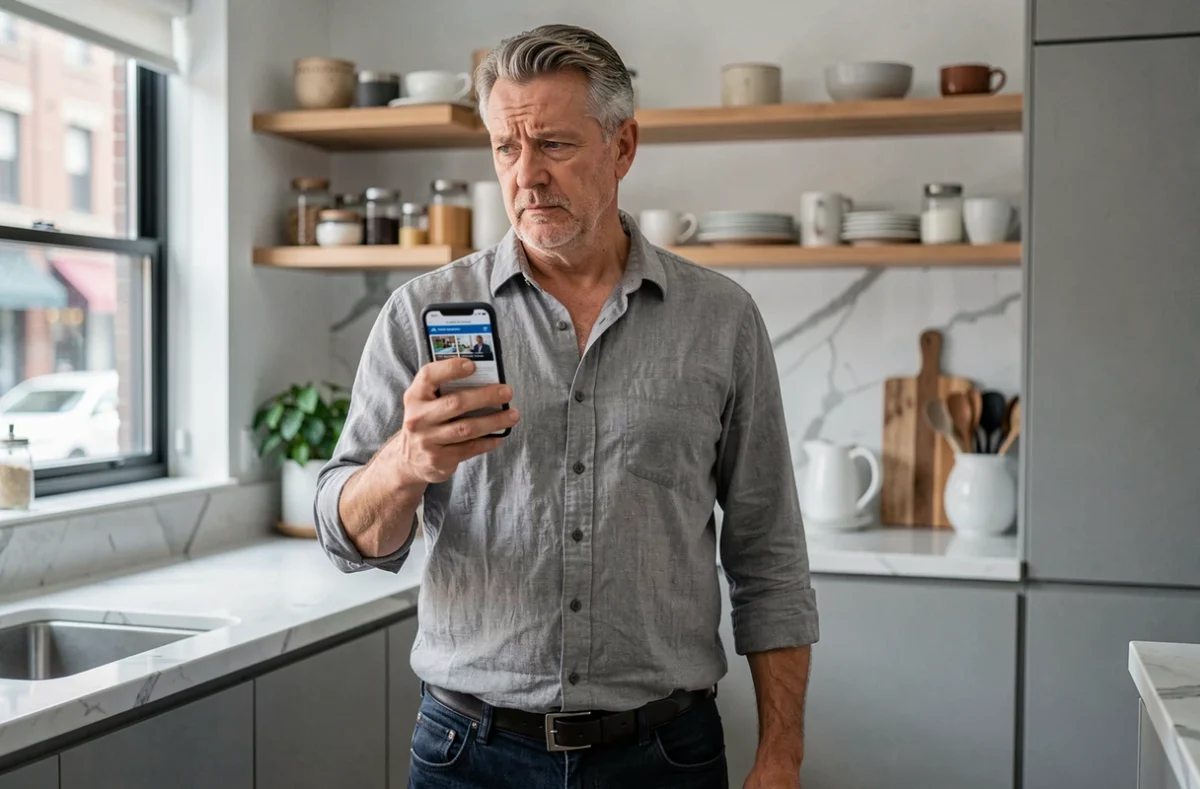 Homme lisant un article controversé sur son téléphone dans une cuisine moderne, air pensif et interrogatif