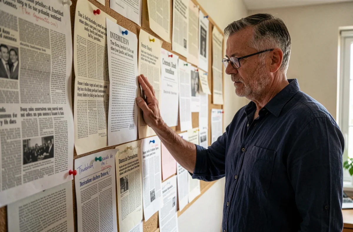 Homme examinant un mur de coupures de presse et d'interviews sur la vie de Mylène Farmer et son fils