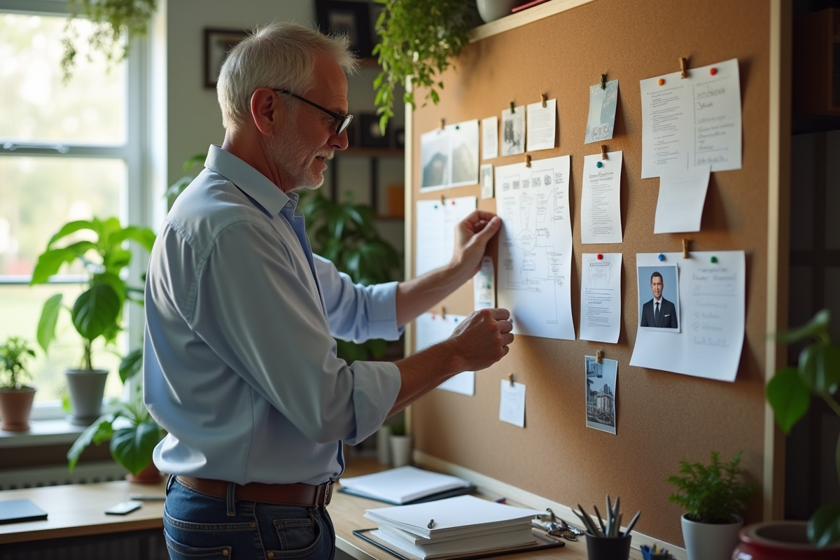 Homme en planchette organisant ses notes dans un bureau calme