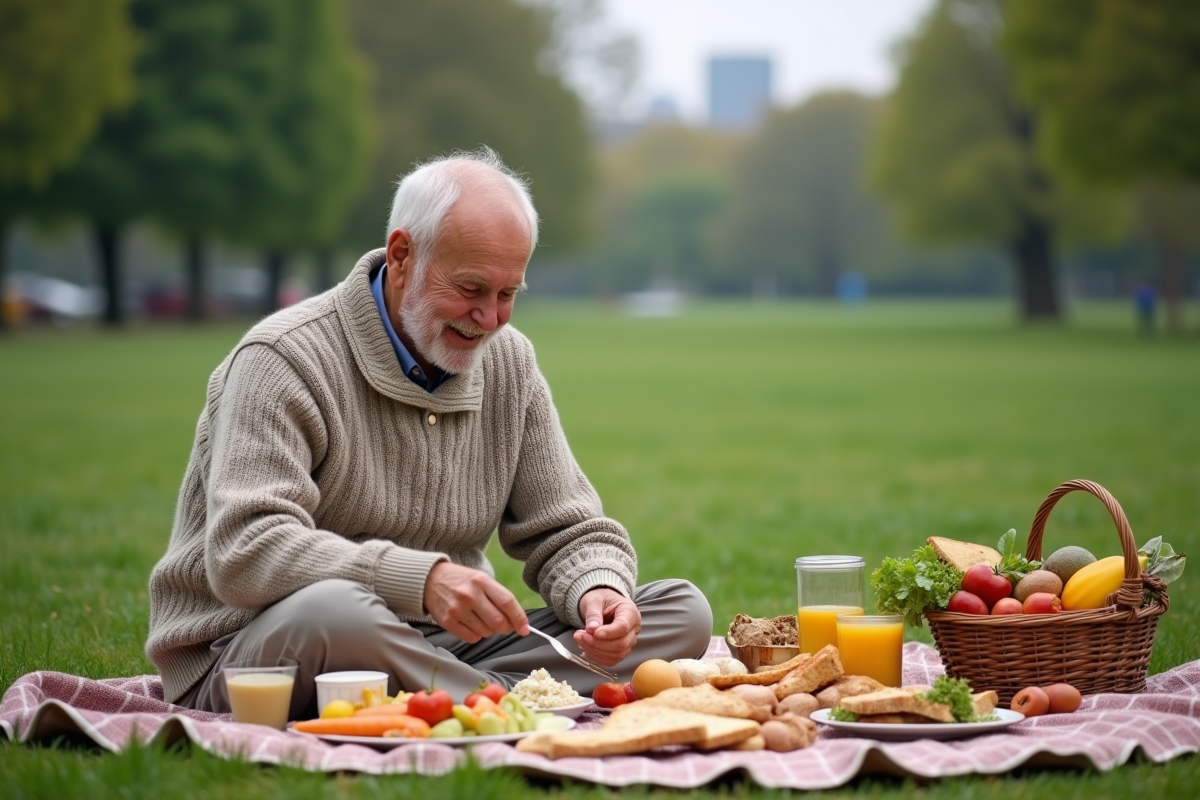 Homme âgé organise un pique-nique dans un parc