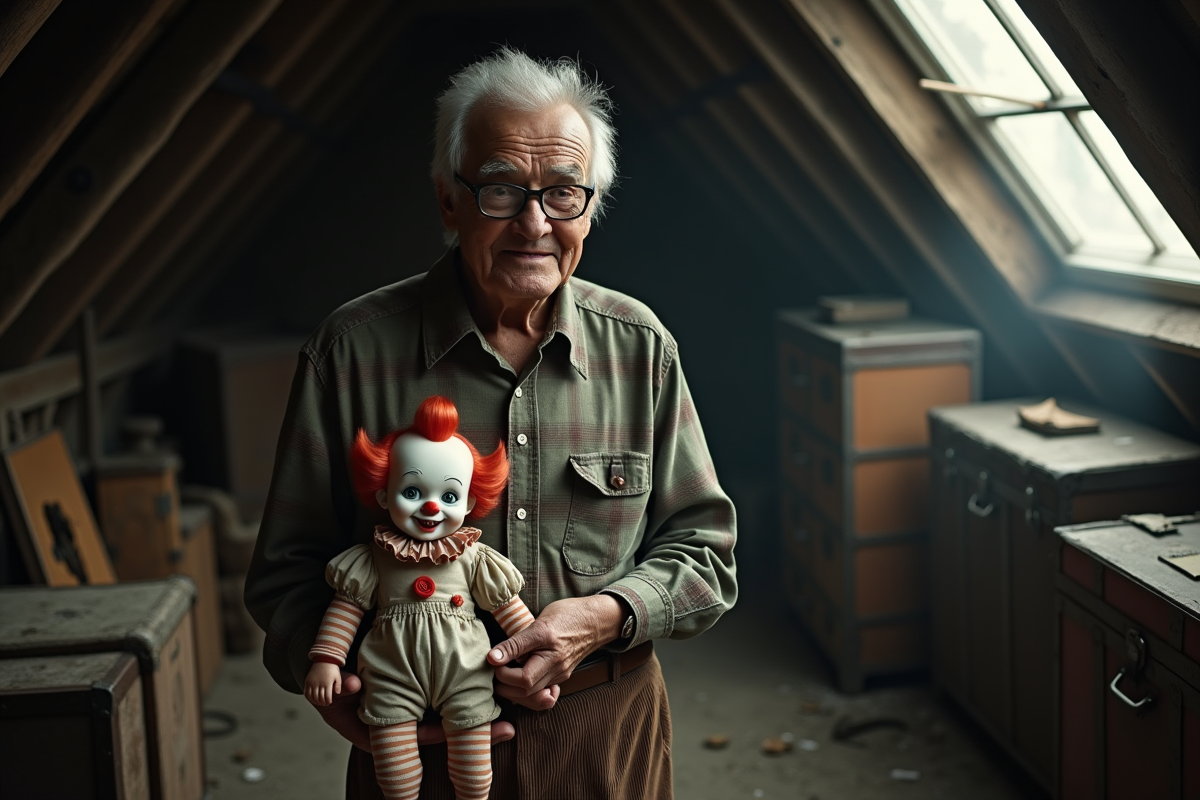 Homme âgé tenant une poupée clown en porcelaine dans un grenier