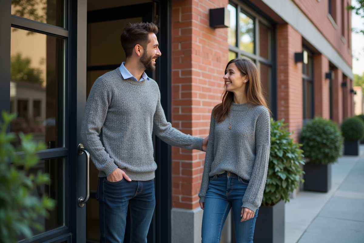 Homme en pull gris ouvrant la porte d
