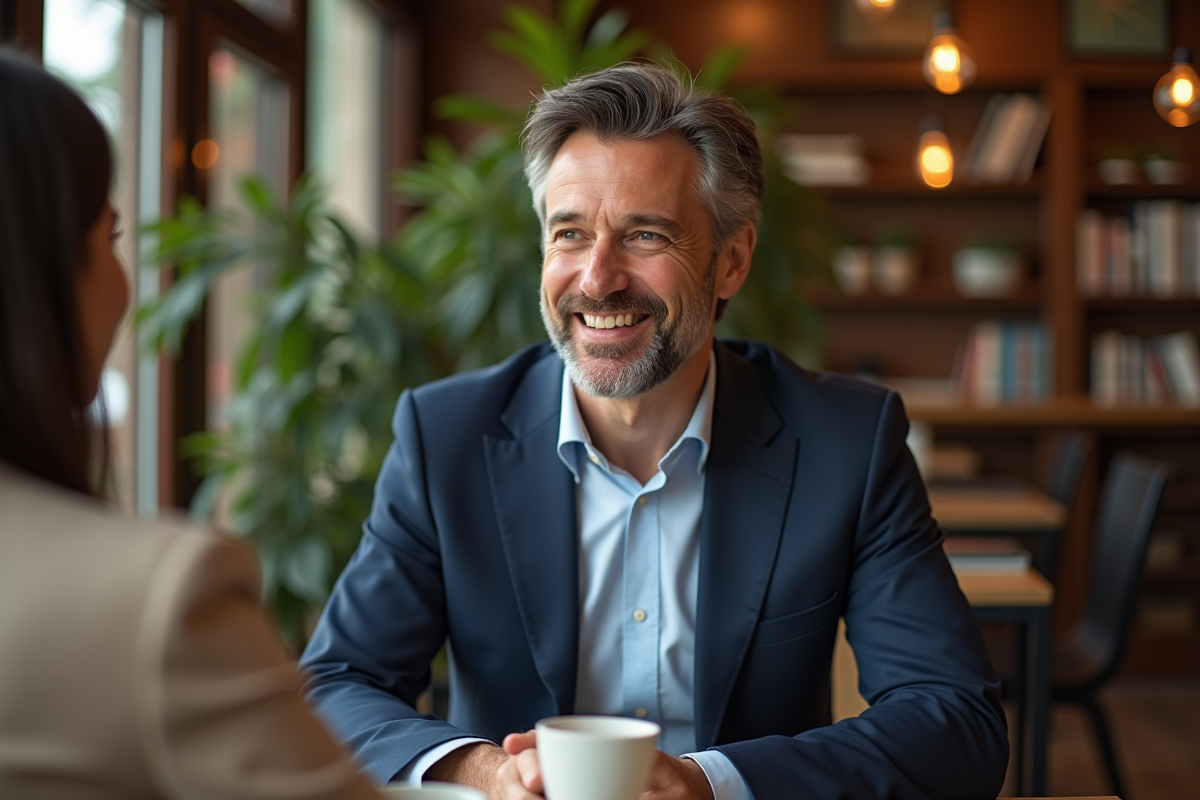 Homme en costume souriant dans un café chaleureux