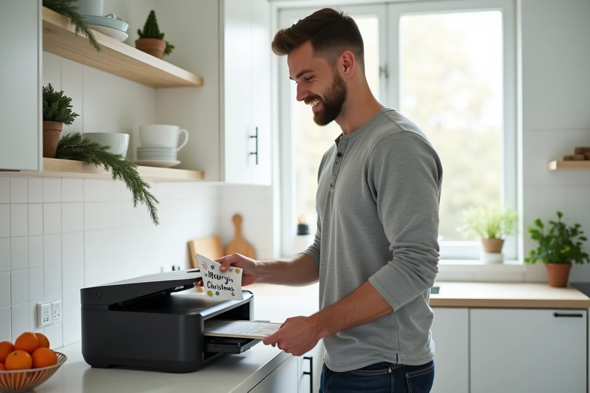 Homme retirant une carte postale de Noël imprimée d'une imprimante à domicile dans une cuisine moderne