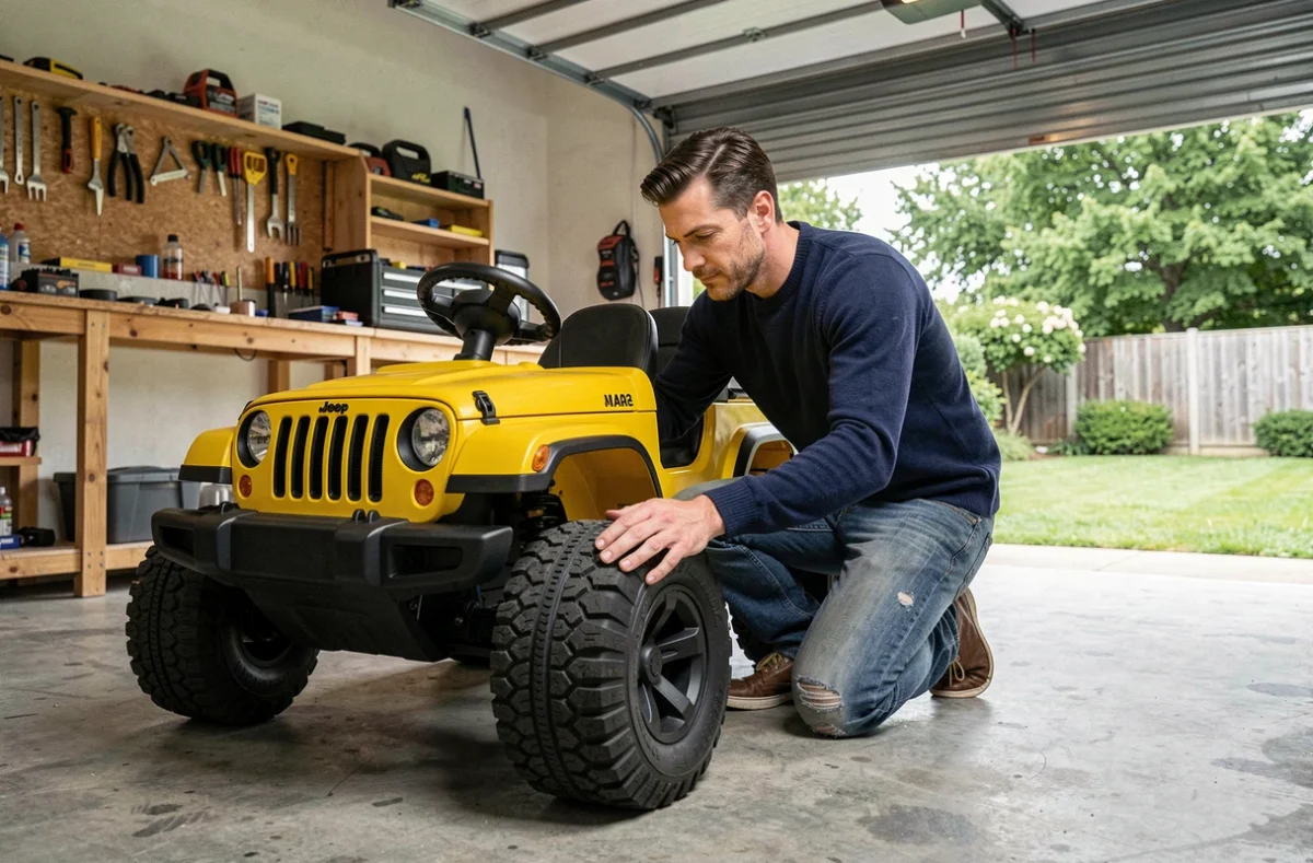 Homme inspectant un Jeep électrique enfant dans un garage avant de valider un achat en ligne