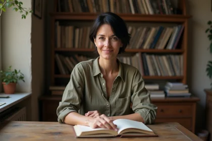 Femme artiste française assise à une table en bois dans un appartement parisien chaleureux, évoquant la vie privée et l'intimité de Jeanne Cherhal
