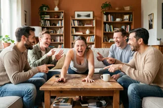 Groupe d'amis jouant à un jeu de mime autour d'une table dans un salon chaleureux