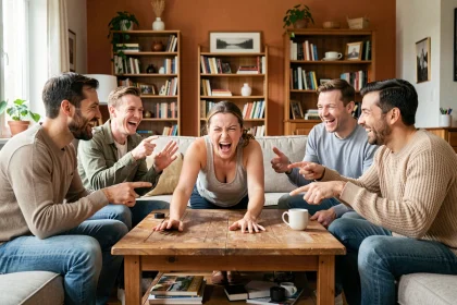 Groupe d'amis jouant à un jeu de mime autour d'une table dans un salon chaleureux