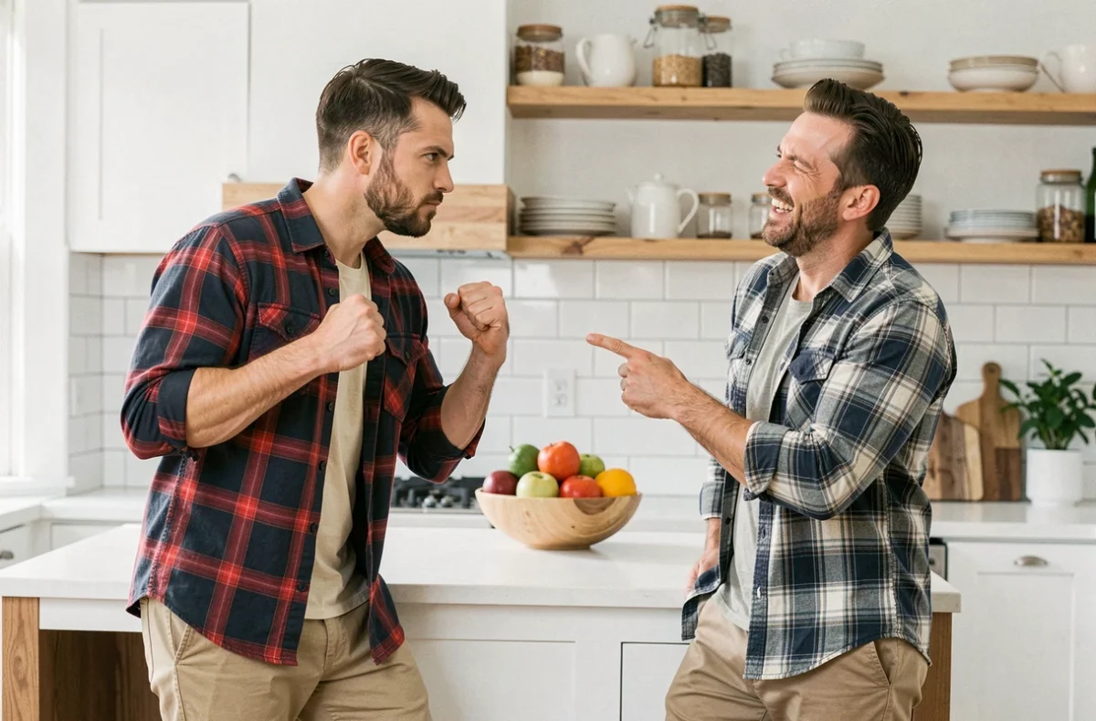 Deux hommes s'affrontant dans un jeu de mime inspiré des films d'action dans une cuisine moderne