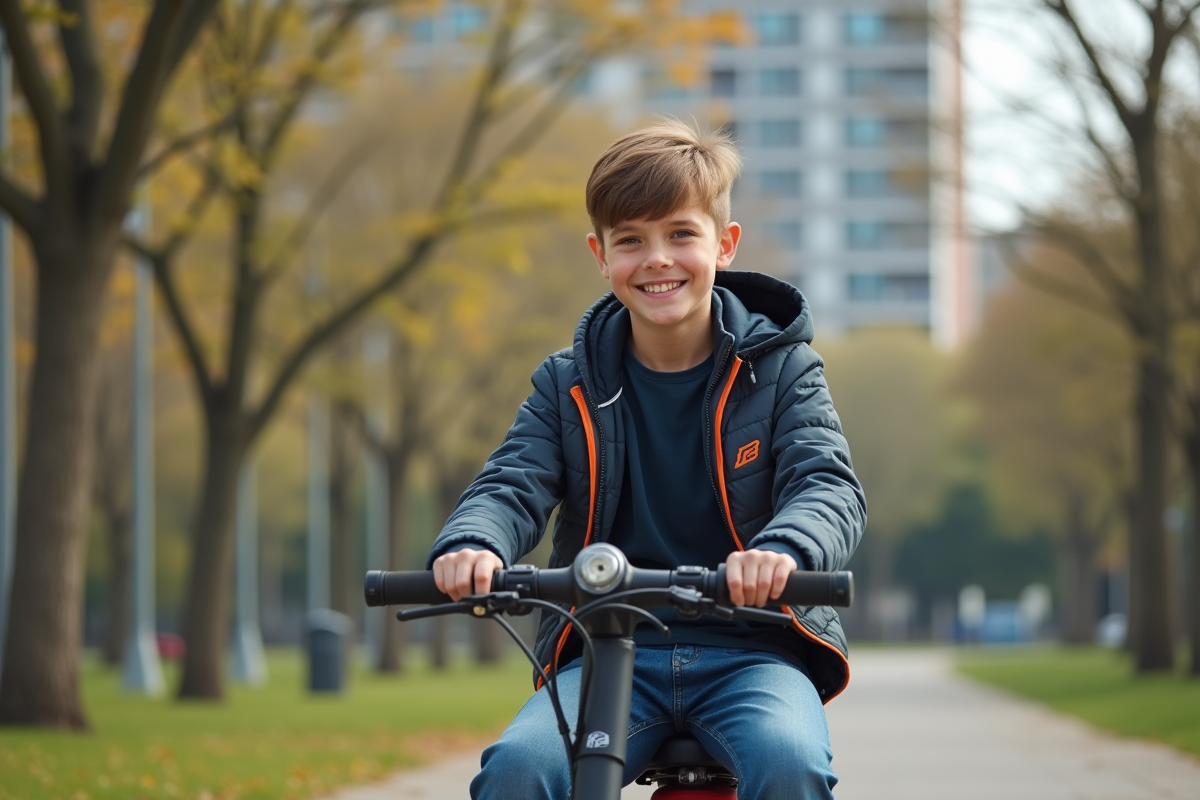 Jeune garçon de 15 ans souriant sur un scooter dans un parc