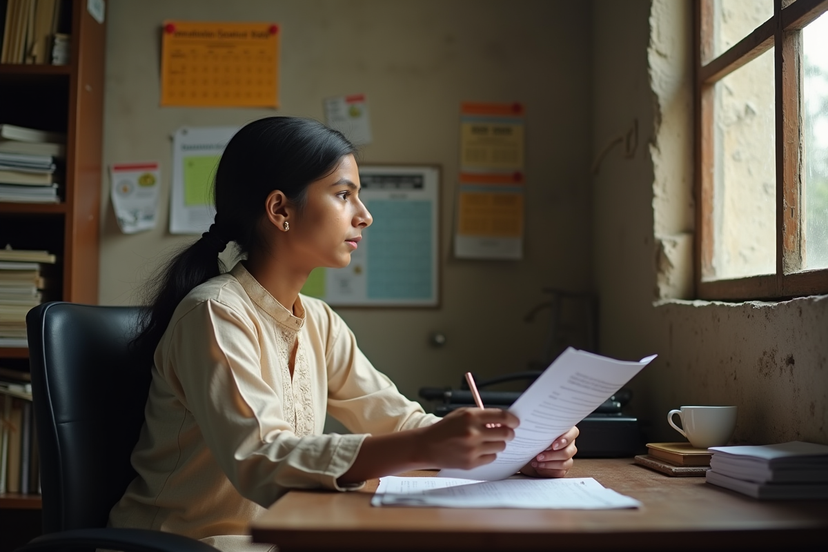 Jeune femme indienne lisant des documents dans un bureau