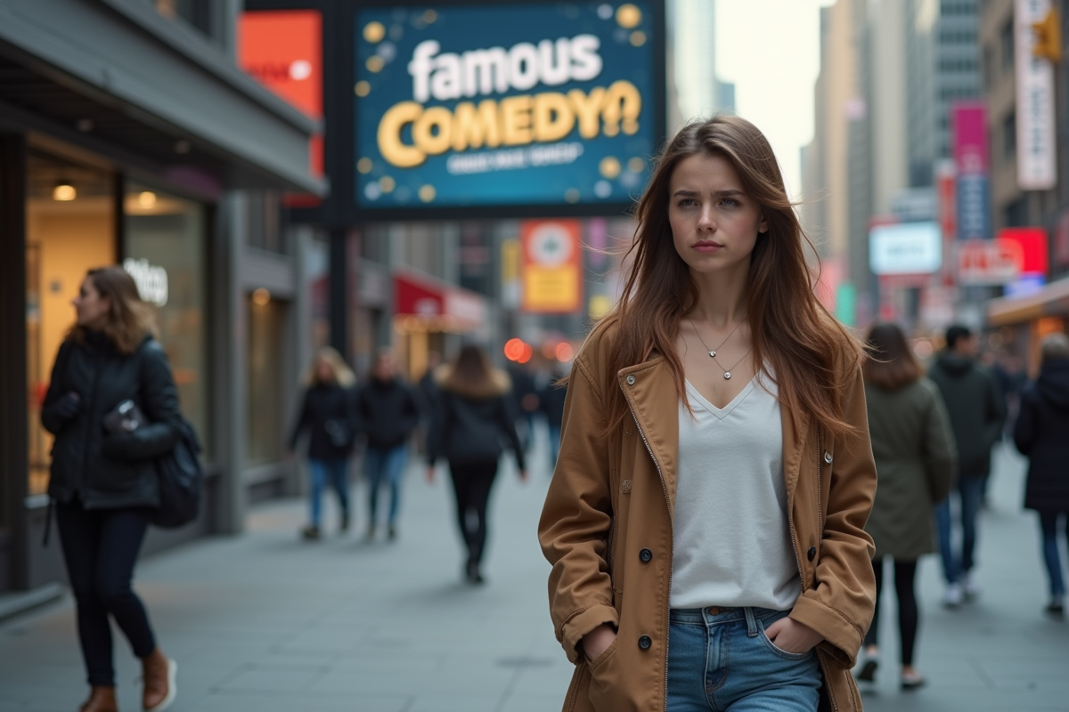 Jeune femme marche devant affiche de spectacle comique