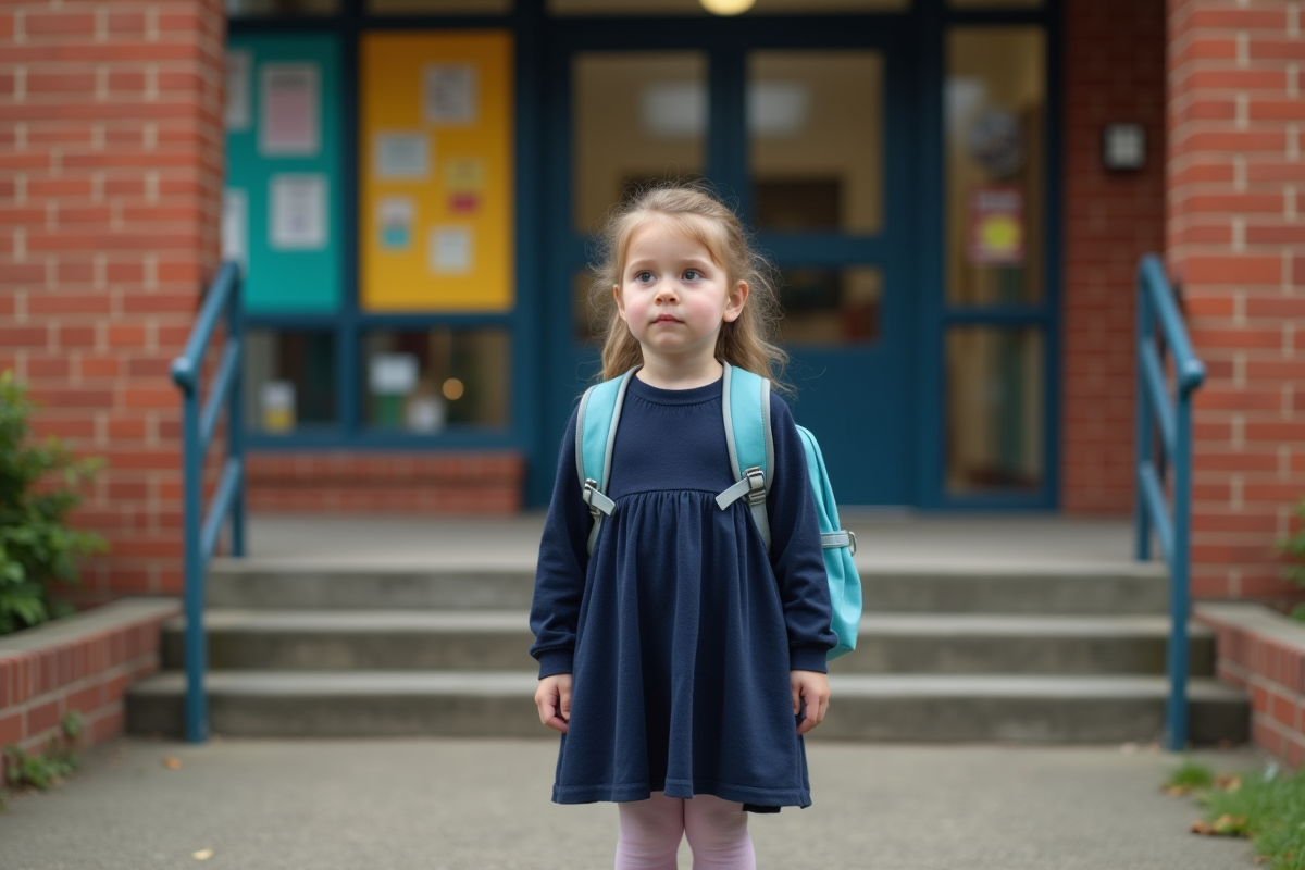 Jeune fille de six ans devant l'école avec sac à dos