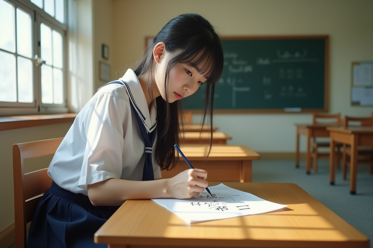 Jeune fille japonaise en uniforme écrivant son nom en kanji