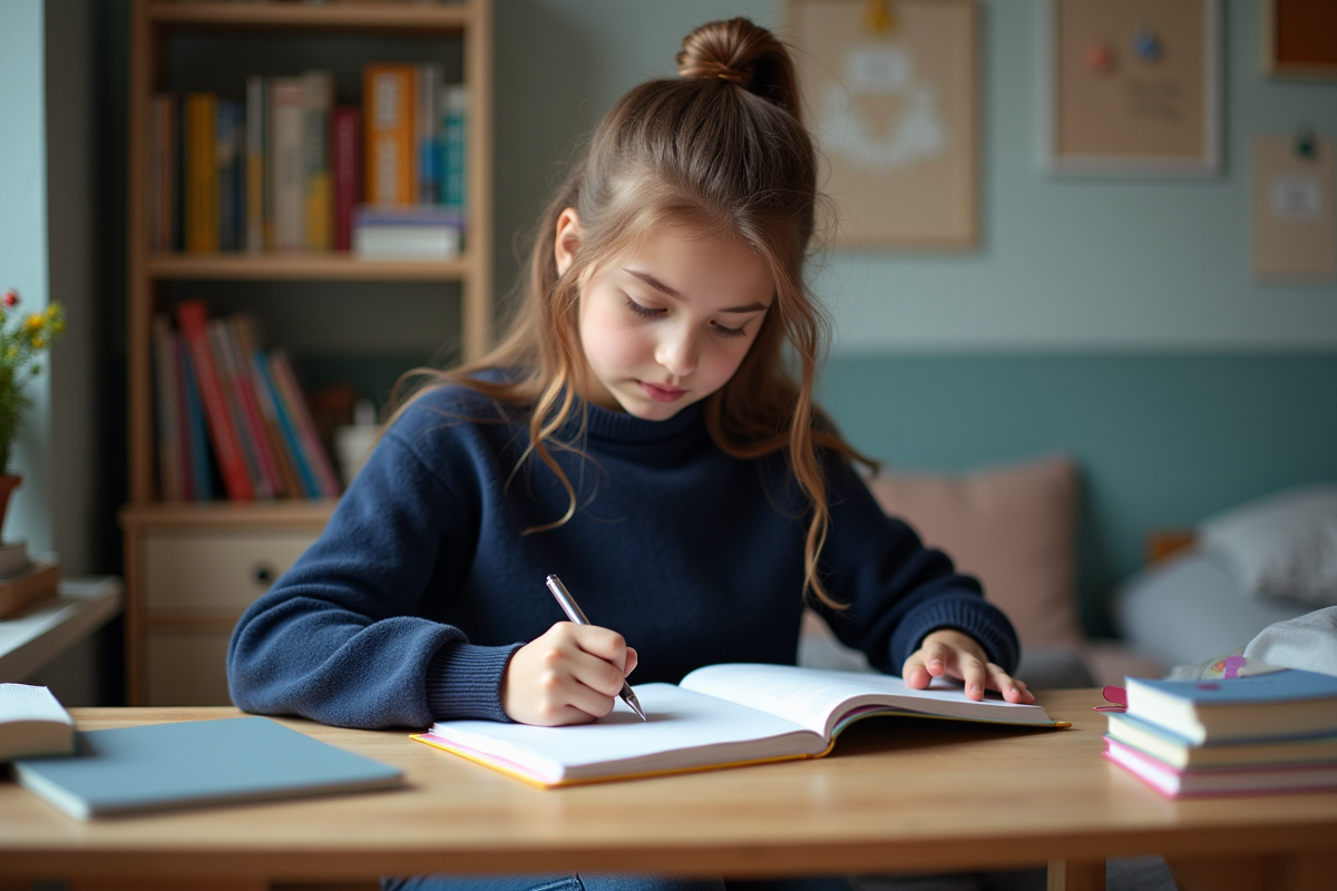 Jeune fille en sweater bleu organise ses cahiers