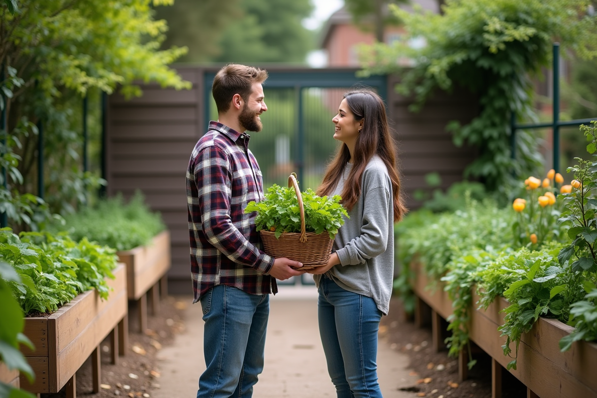 Jeune homme dans un jardin communautaire avec panier de légumes